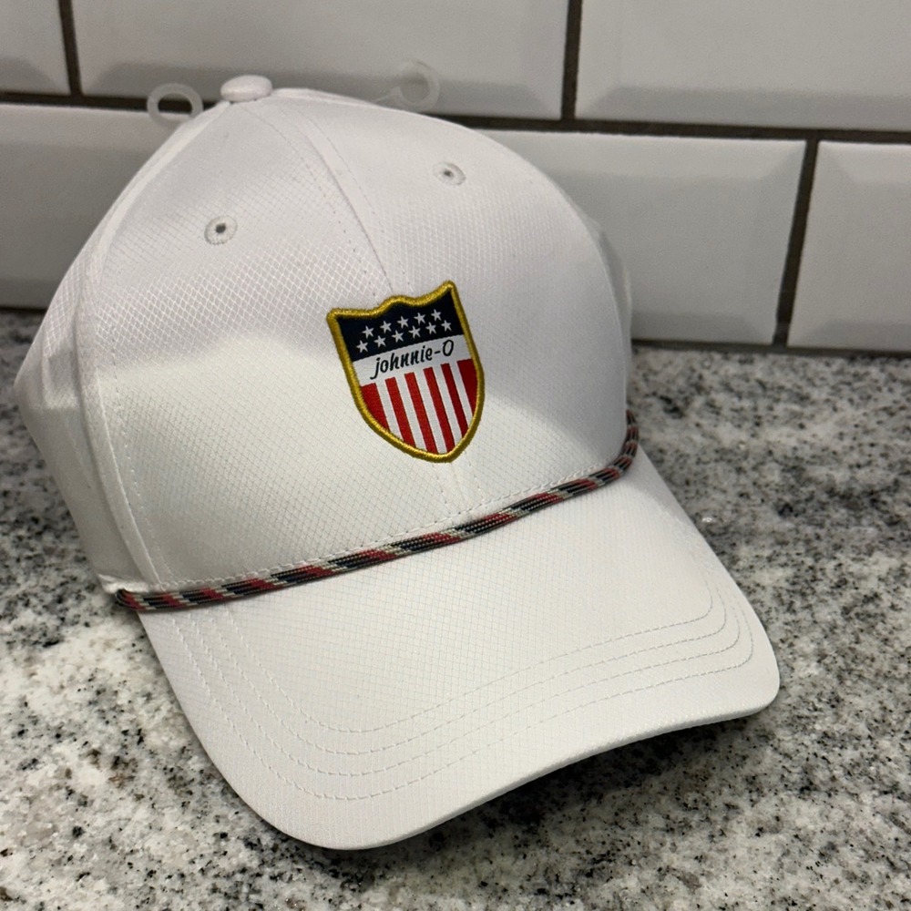 Johnnie-O Mens Snapback Hat White USA Shield Rope Performance Preppy Americana